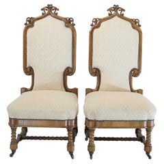 Antique Pair of Carved Upholstered Hall Chairs