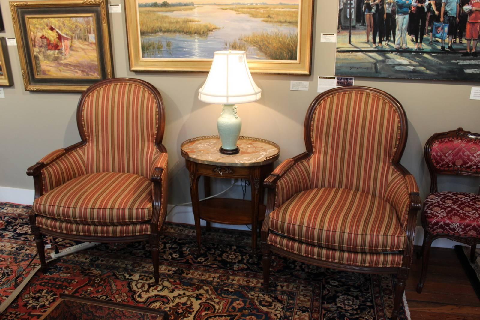 Pair of Carved Walnut Bergère Chairs In Excellent Condition In Lambertville, NJ
