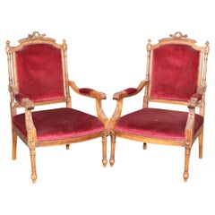 Antique Pair of Carved Walnut Burgundy Velvet Louis XVI Fauteuil Armchairs, circa 1920