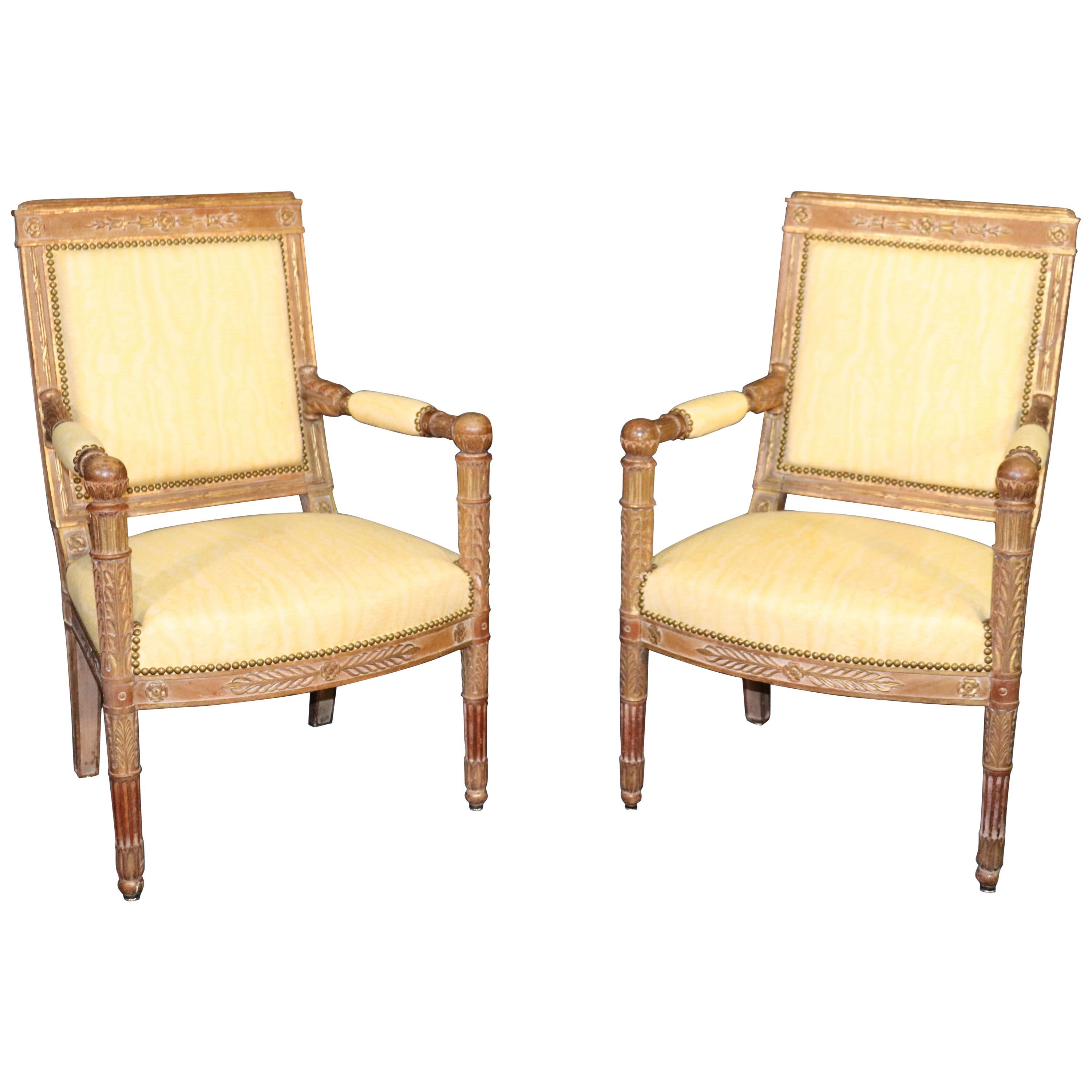 Pair of Carved Walnut French Empire Open Armchairs Fauteuils, circa 1870