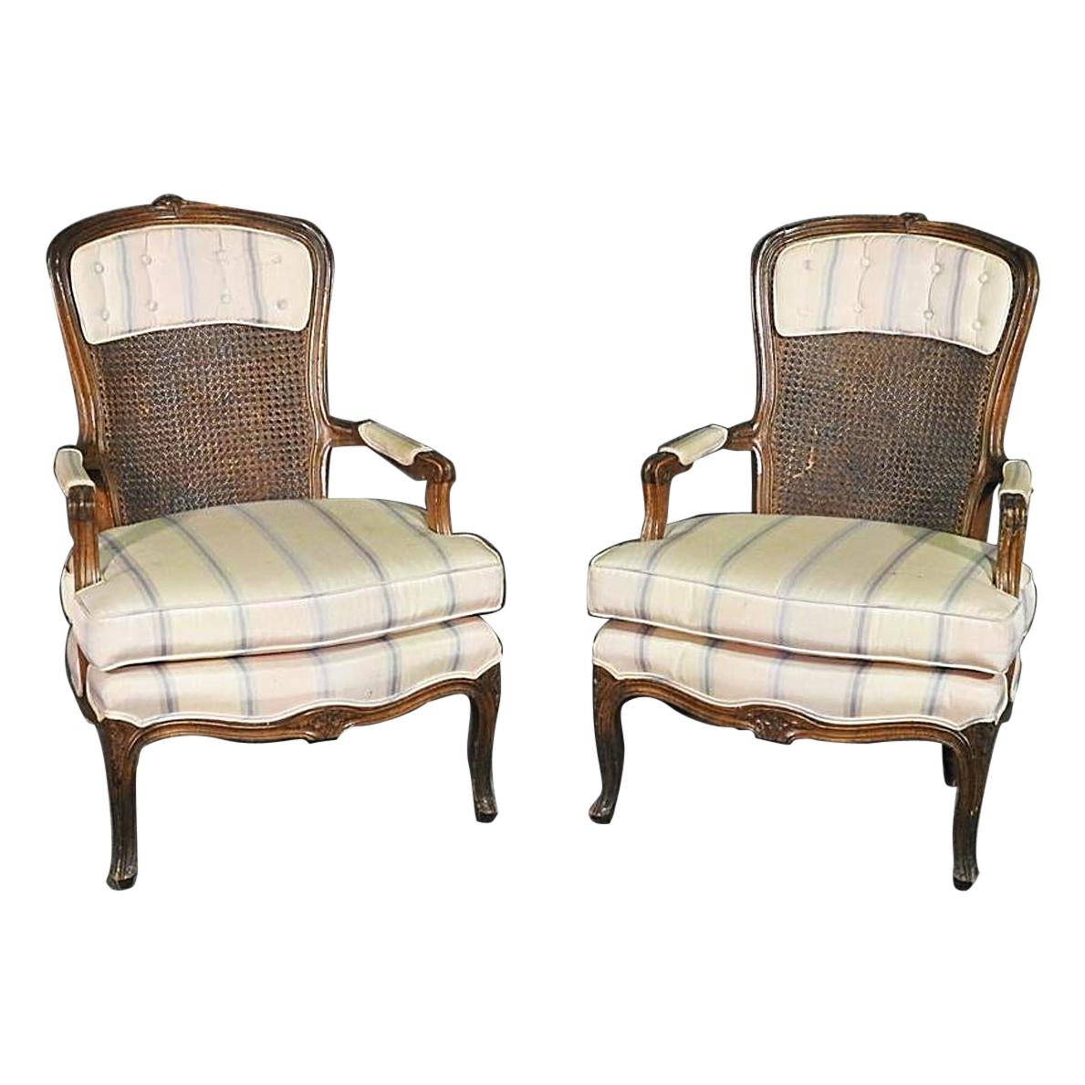 Pair of Carved Walnut French Louis XV Cane Back Upholstered Armchairs circa 1950