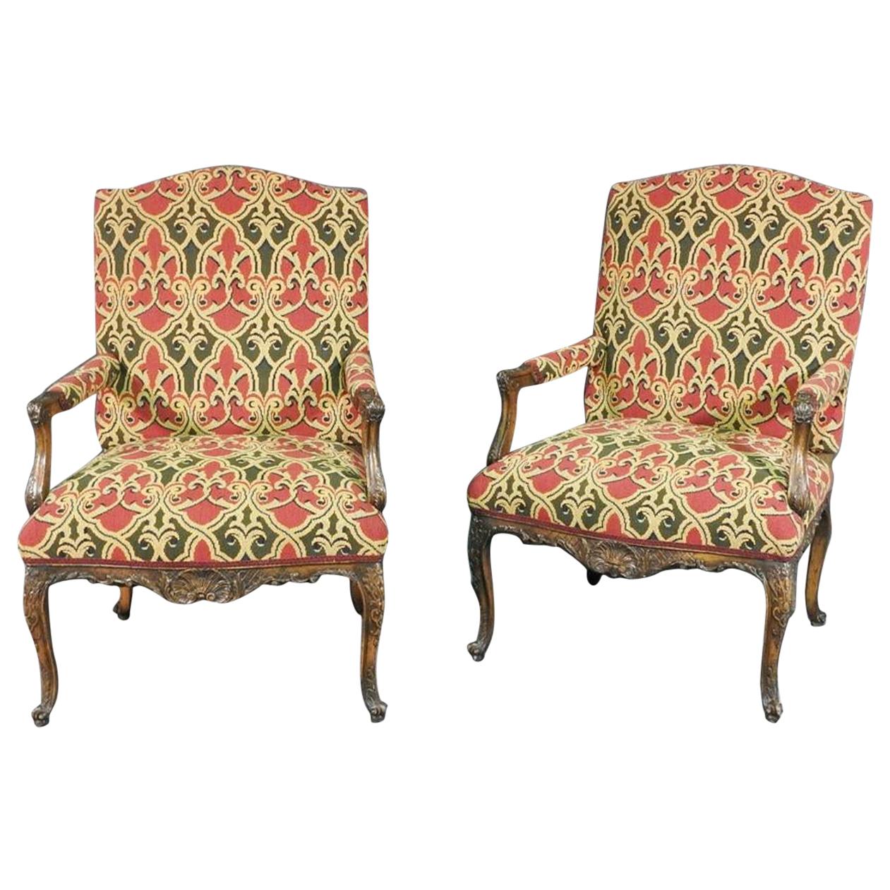 Pair of Carved Walnut French Louis XV Fauteuils Armchairs in Tapestry Upholstery