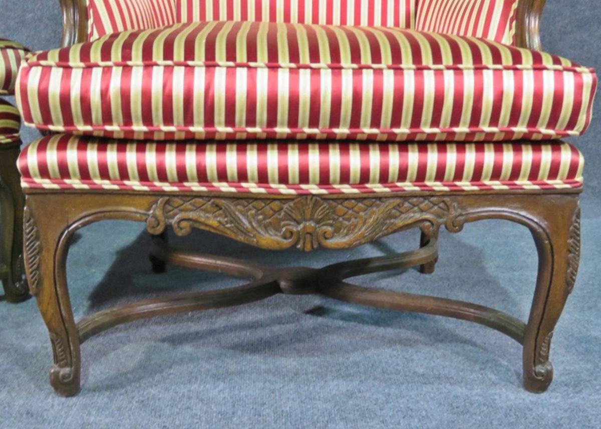 Mid-20th Century Pair of Carved Walnut French Louis XV Fireside Parlor Bergère Chairs circa 1940s