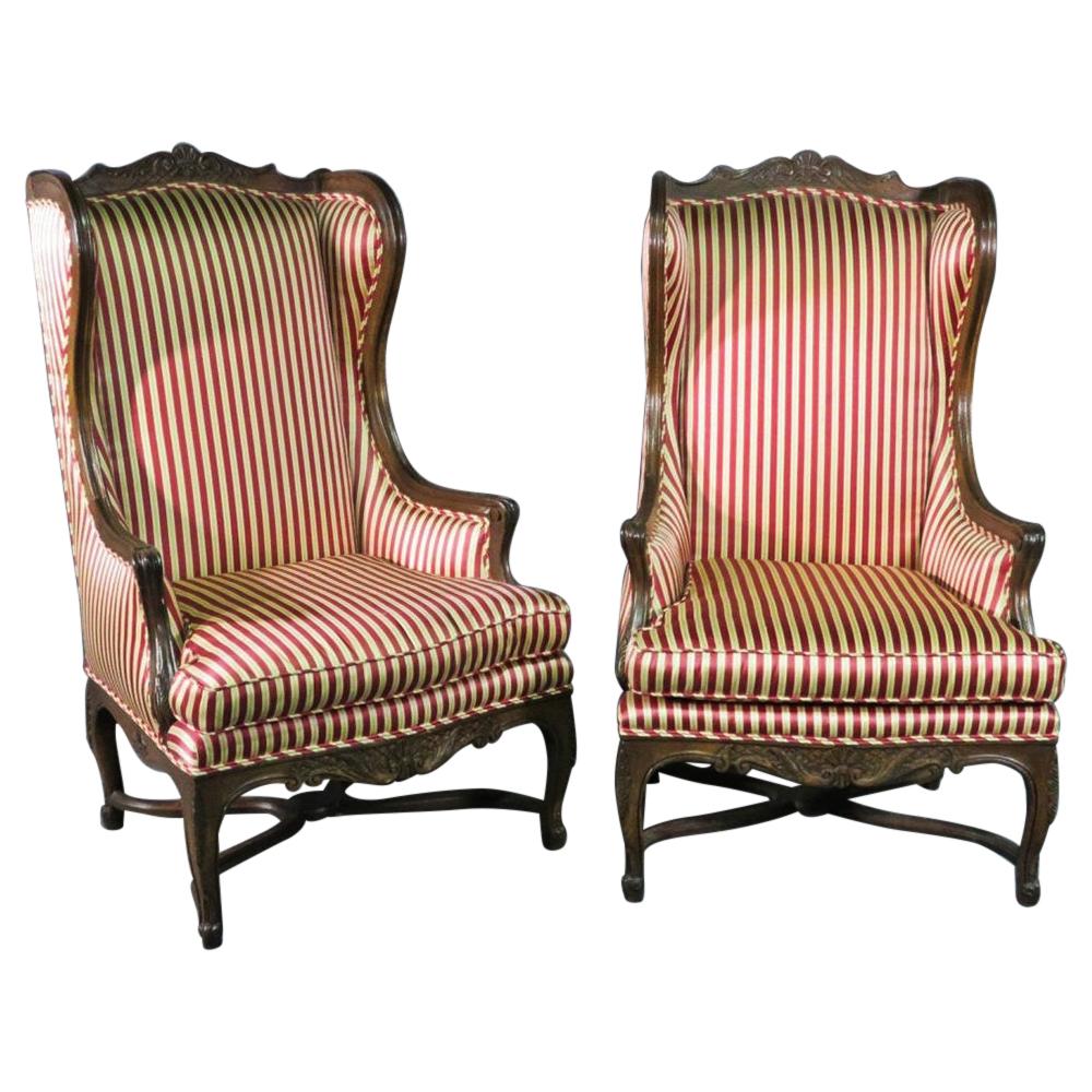 Pair of Carved Walnut French Louis XV Fireside Parlor Bergère Chairs circa 1940s