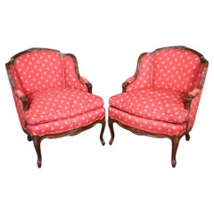Pair of Carved Walnut French Louis XV Wide Large Scale Bergere Chairs circa 1950