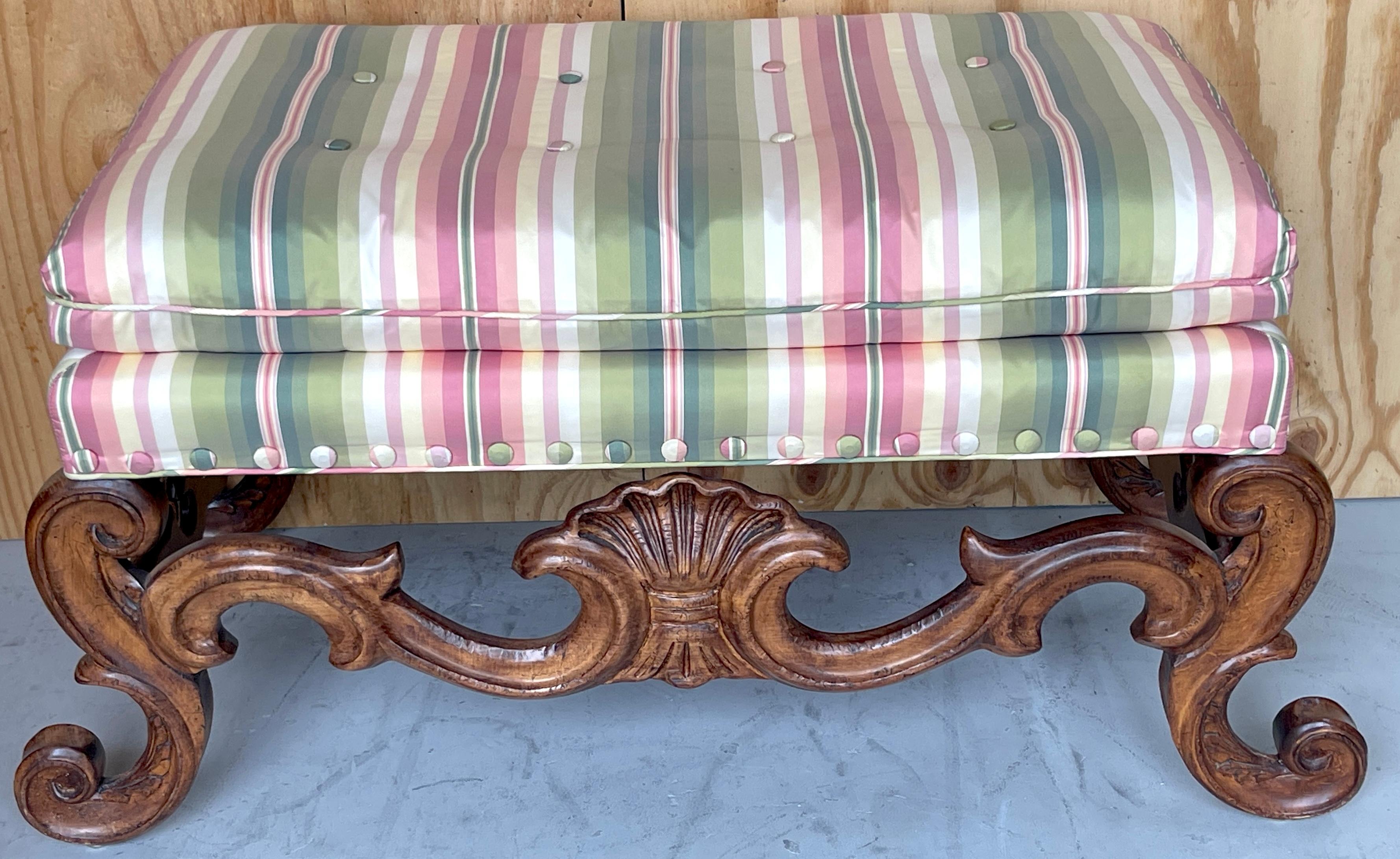 Silk Pair of Carved Walnut Neoclassical Shell Carved Benches, By Baker For Sale