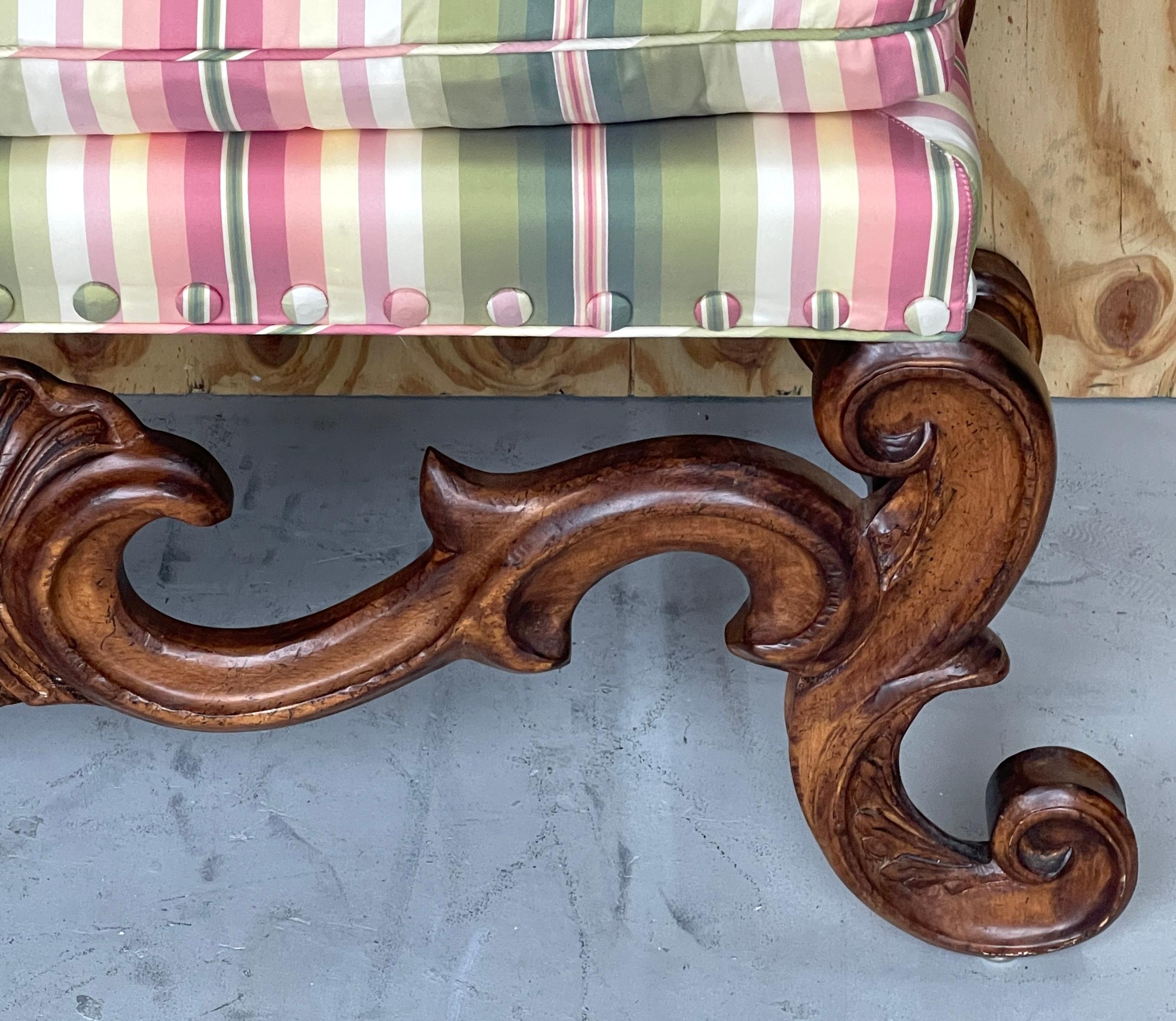 Pair of Carved Walnut Neoclassical Shell Carved Benches, By Baker  For Sale 3