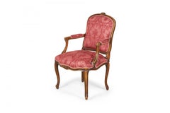 Pair of Carved Walnut & Pink & Red Damask Upholstered Armchairs