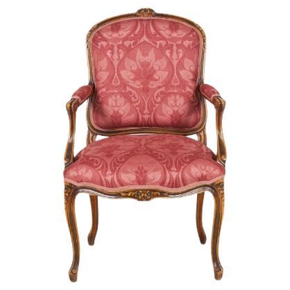 Pair of Carved Walnut & Pink & Red Damask Upholstered Armchairs
