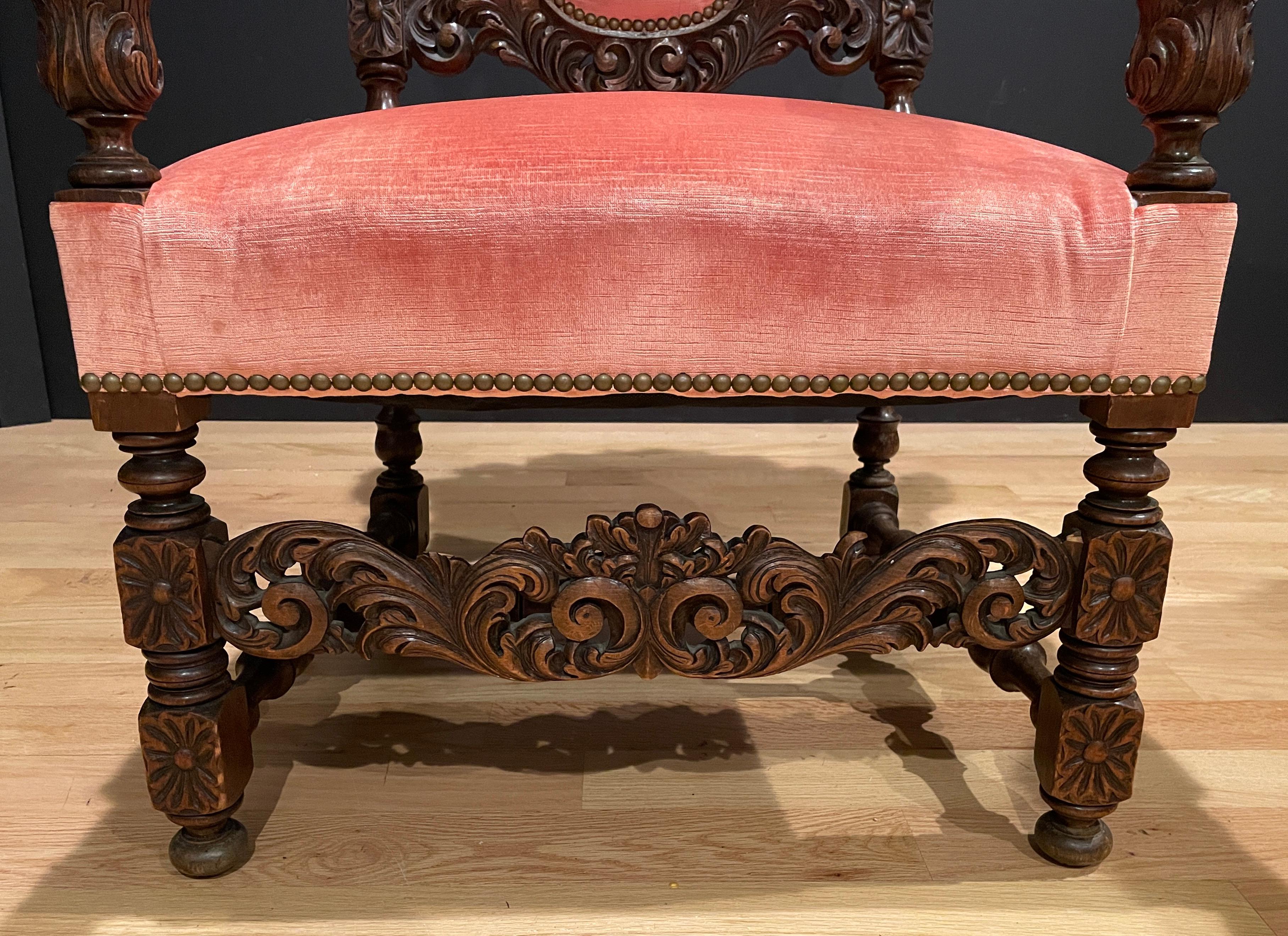 Italian Antique Pair of Carved Walnut Rococo Throne Chairs For Sale