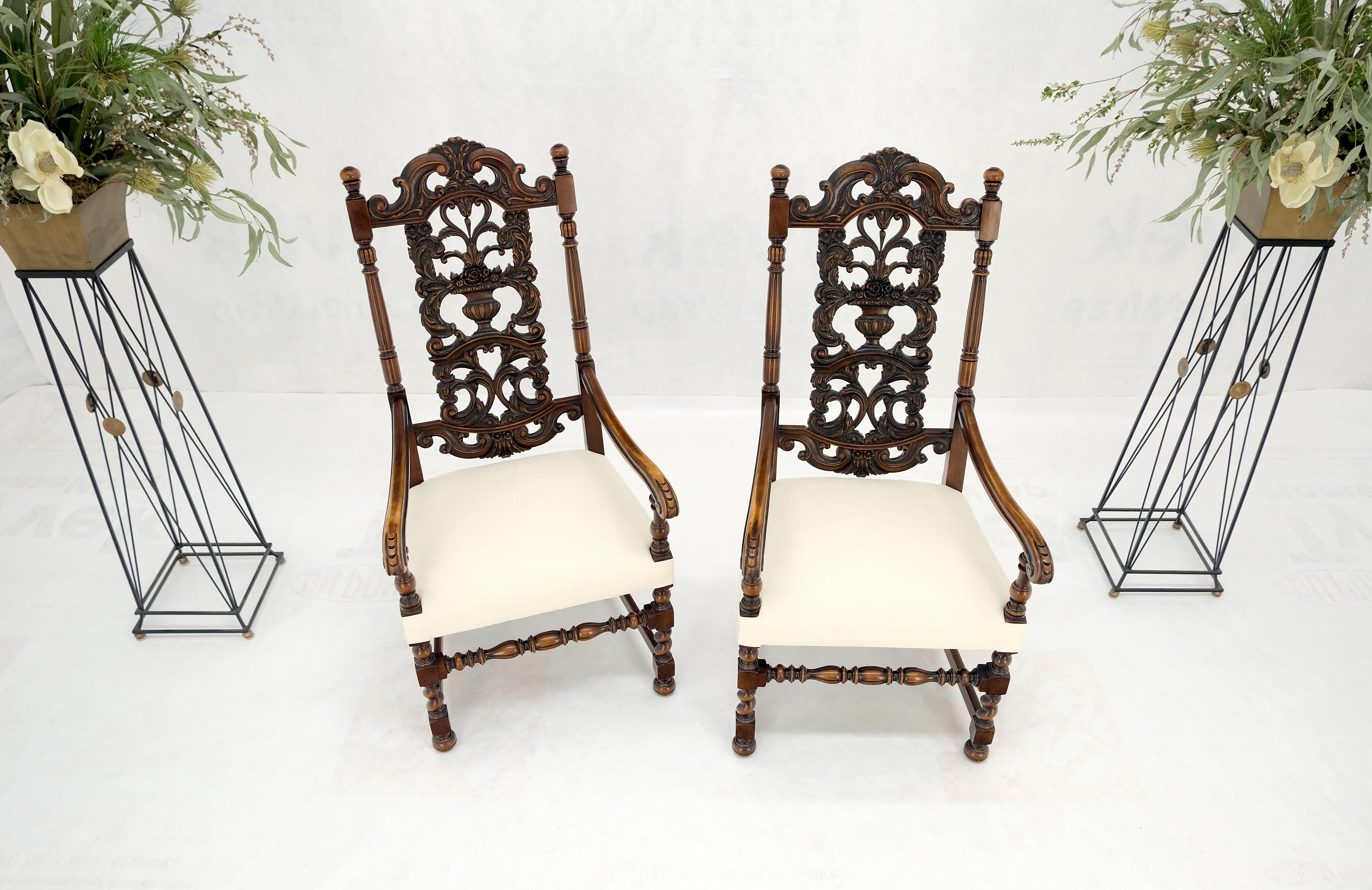 Pair of Carved Walnut Tall Backs New Upholstery Fireside Arm Side Chairs MINT! For Sale 5