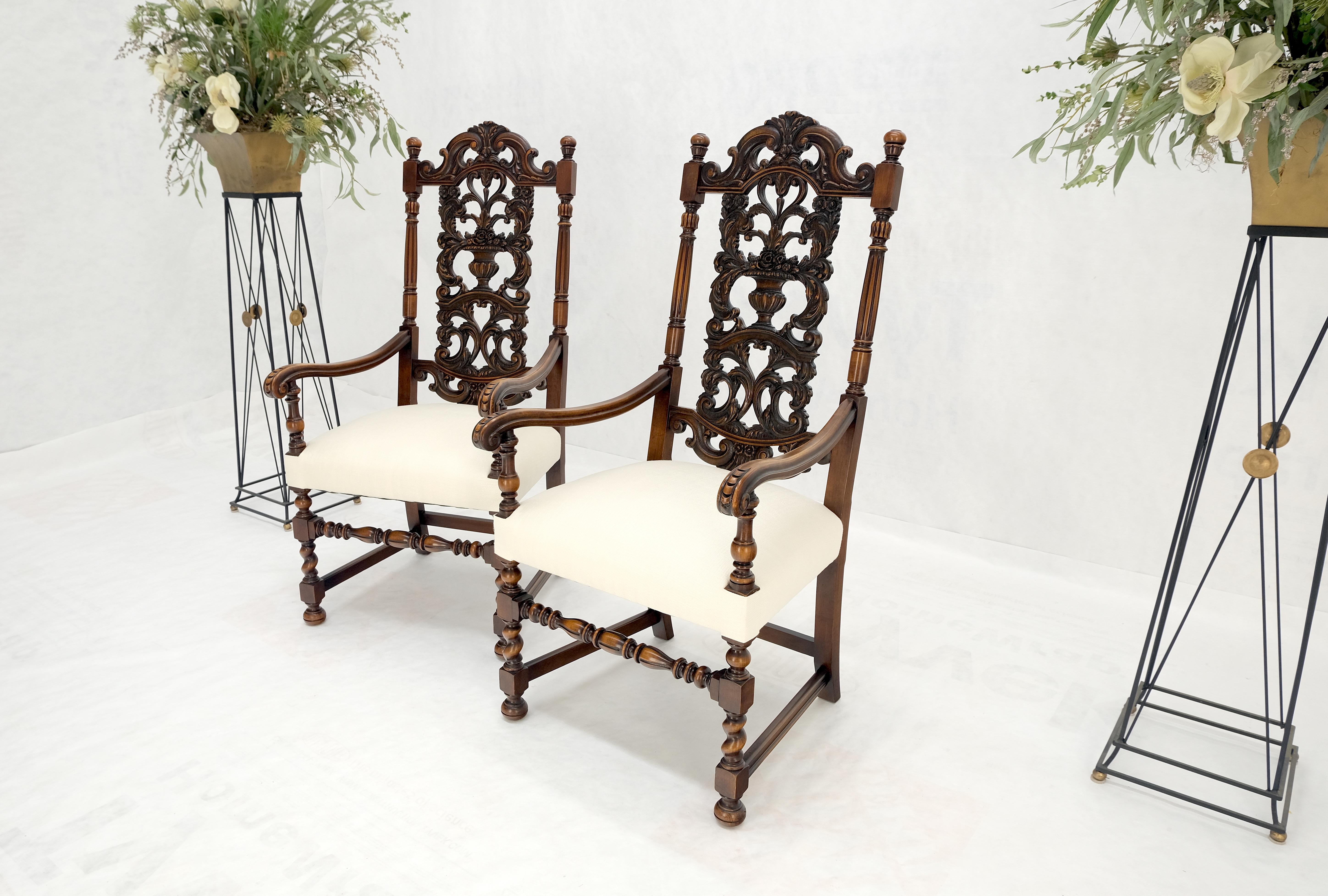 Pair of Carved Walnut Tall Backs New Upholstery Fireside Arm Side Chairs MINT! For Sale 6