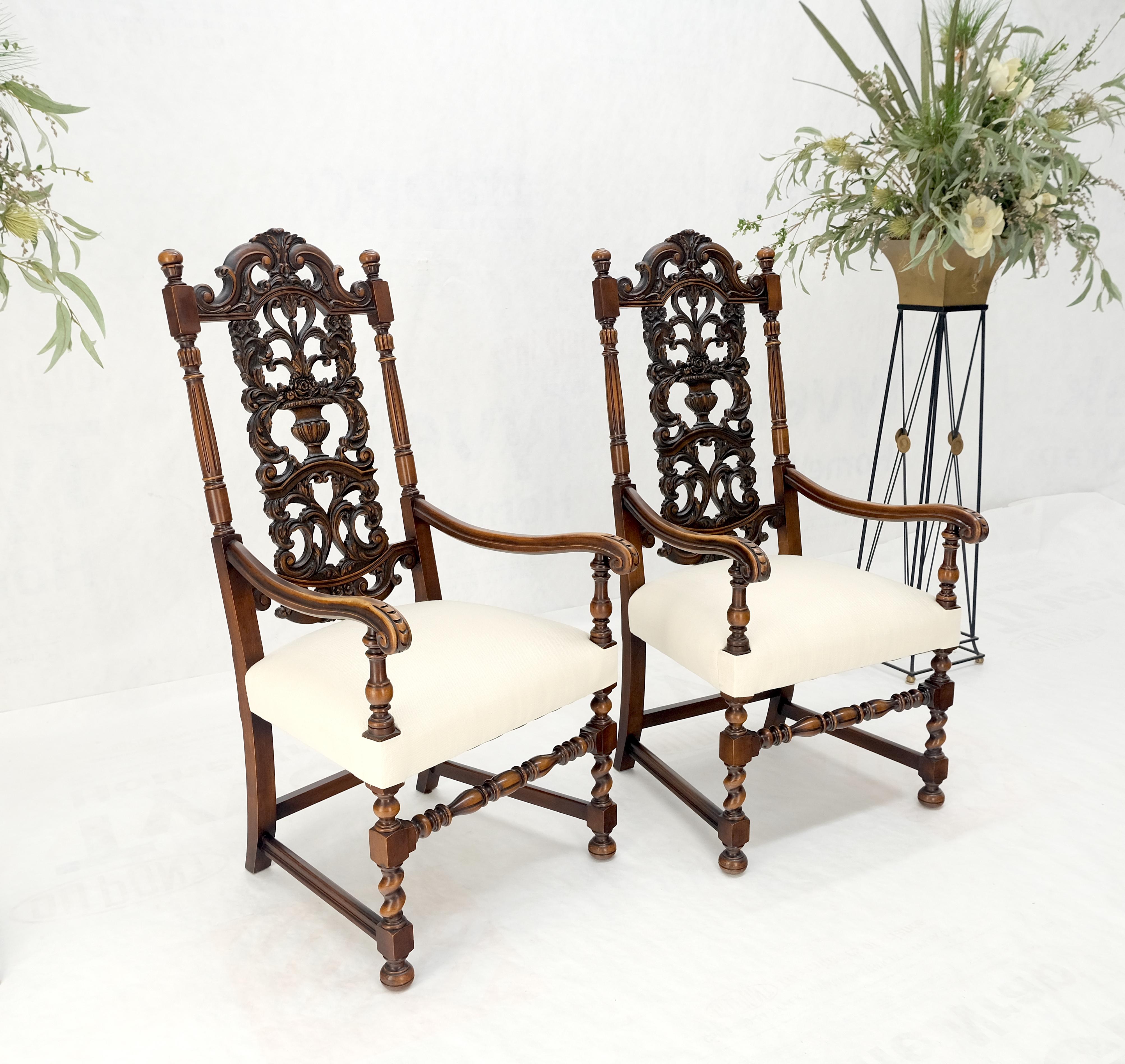 Gothic Revival Pair of Carved Walnut Tall Backs New Upholstery Fireside Arm Side Chairs MINT! For Sale