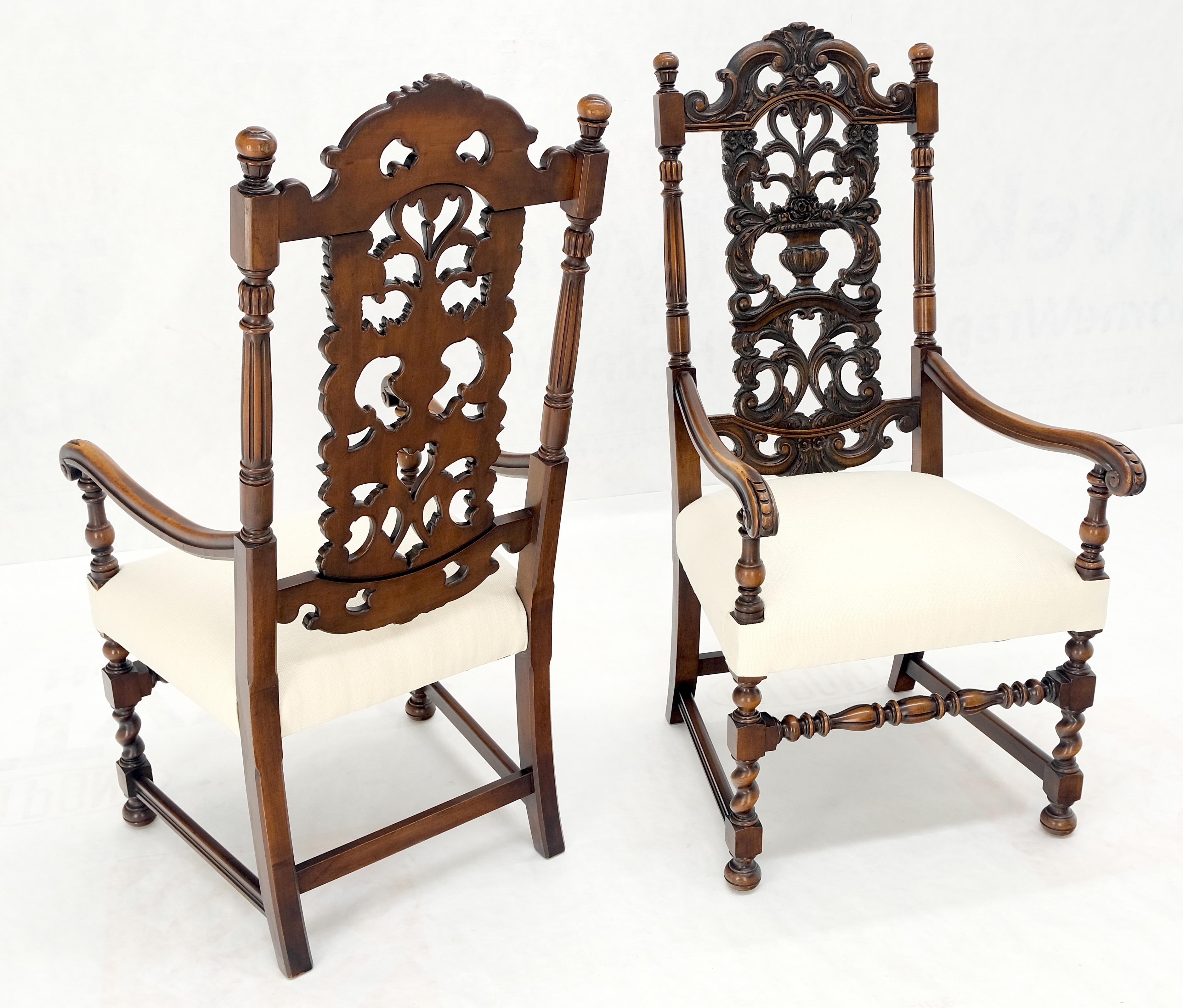 Pair of Carved Walnut Tall Backs New Upholstery Fireside Arm Side Chairs MINT! In Good Condition For Sale In Rockaway, NJ