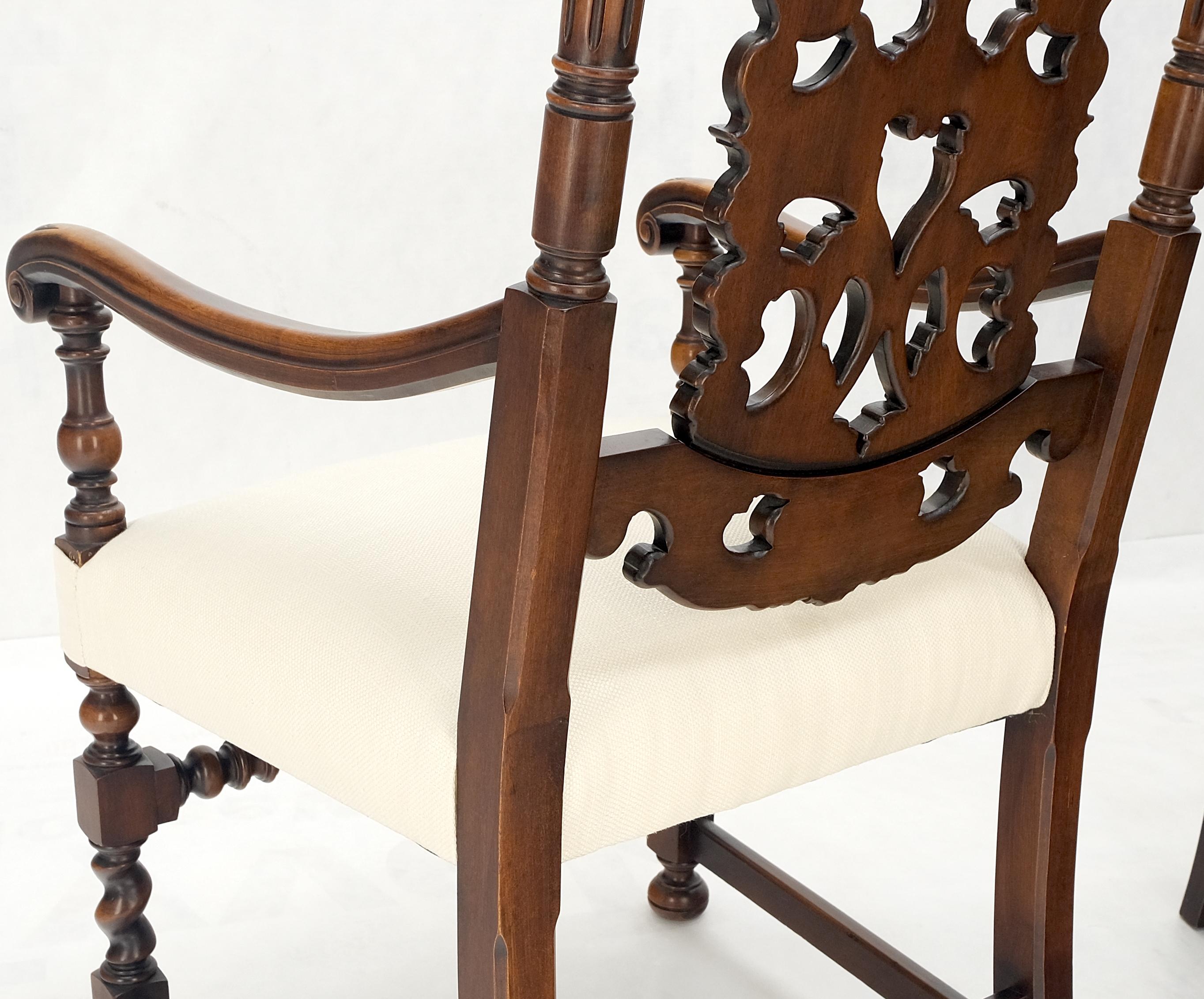 20th Century Pair of Carved Walnut Tall Backs New Upholstery Fireside Arm Side Chairs MINT! For Sale