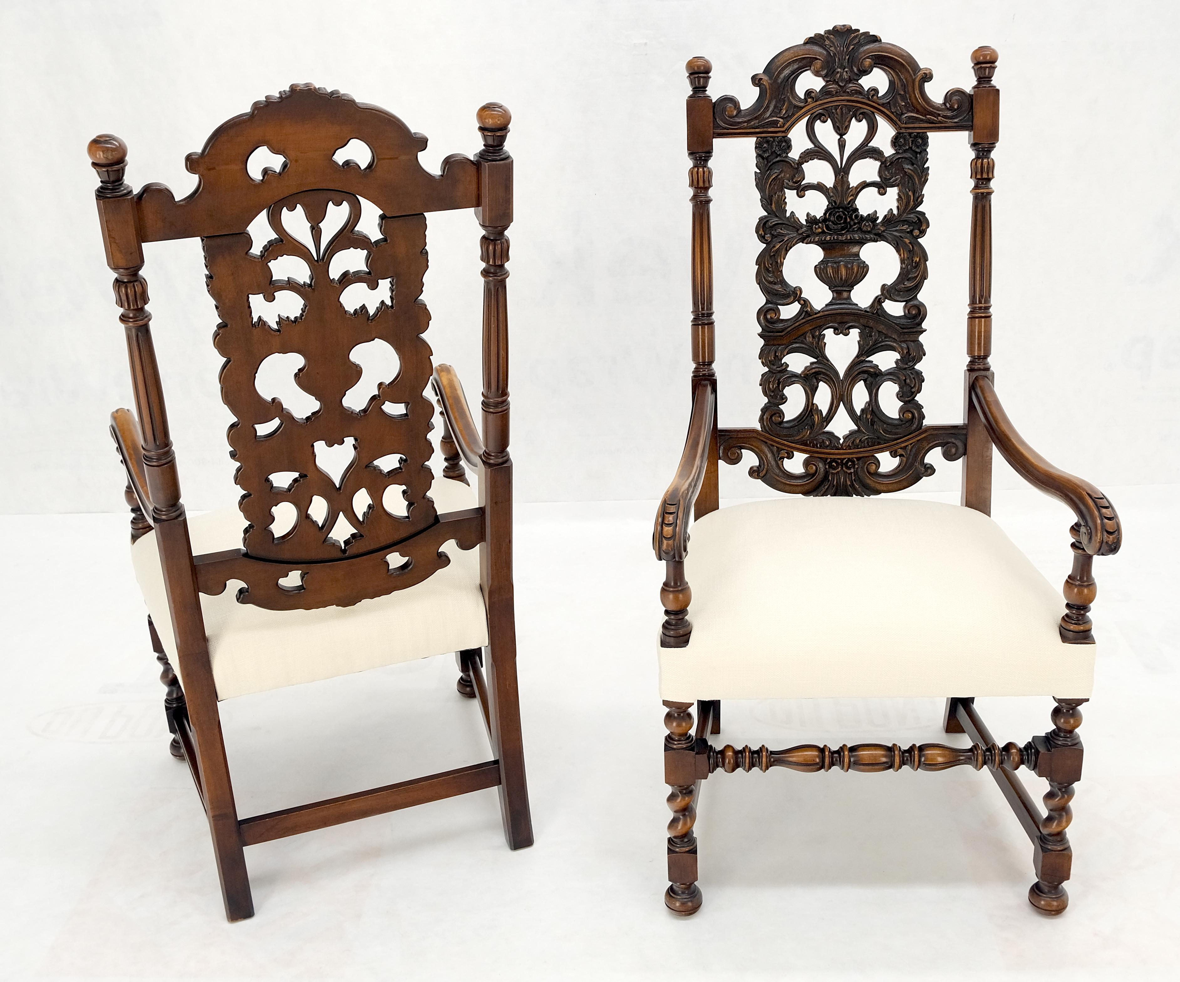 Pair of Carved Walnut Tall Backs New Upholstery Fireside Arm Side Chairs MINT! For Sale 1