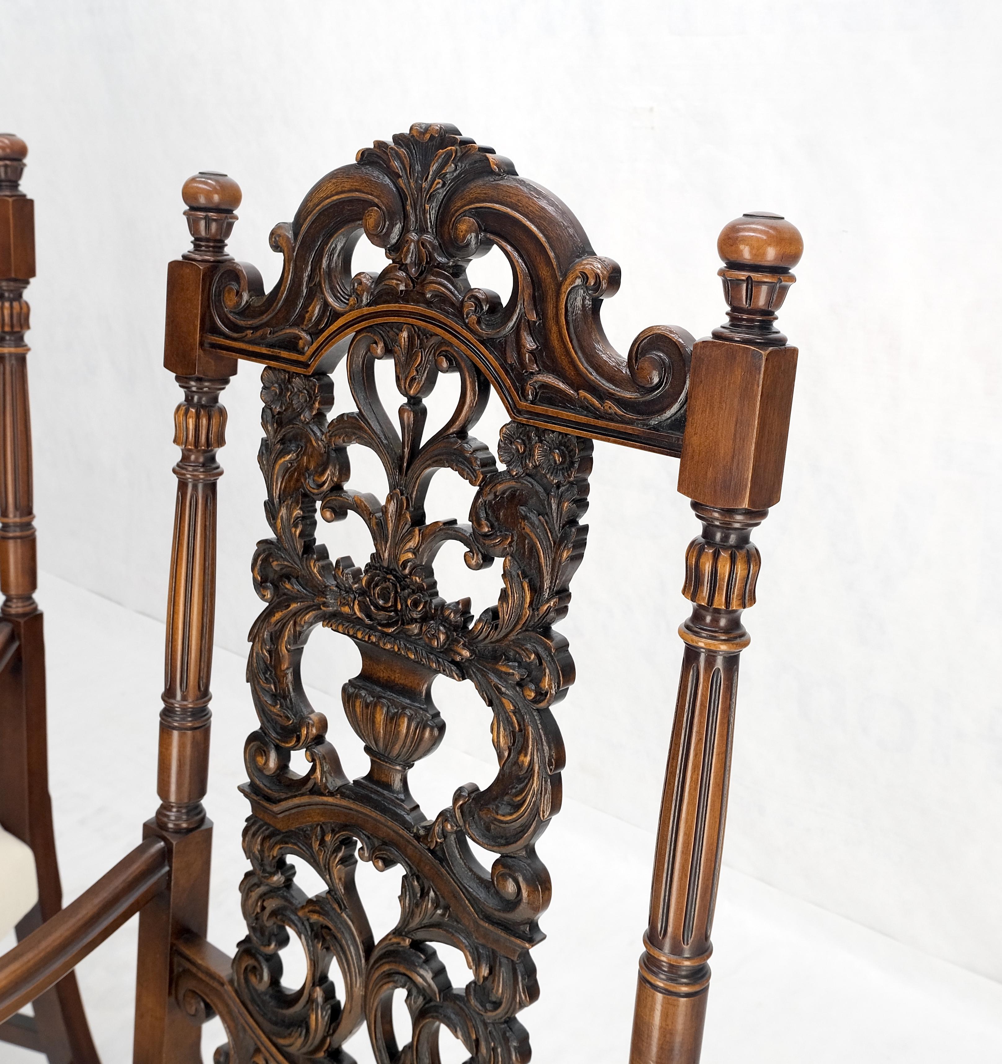Pair of Carved Walnut Tall Backs New Upholstery Fireside Arm Side Chairs MINT! For Sale 2