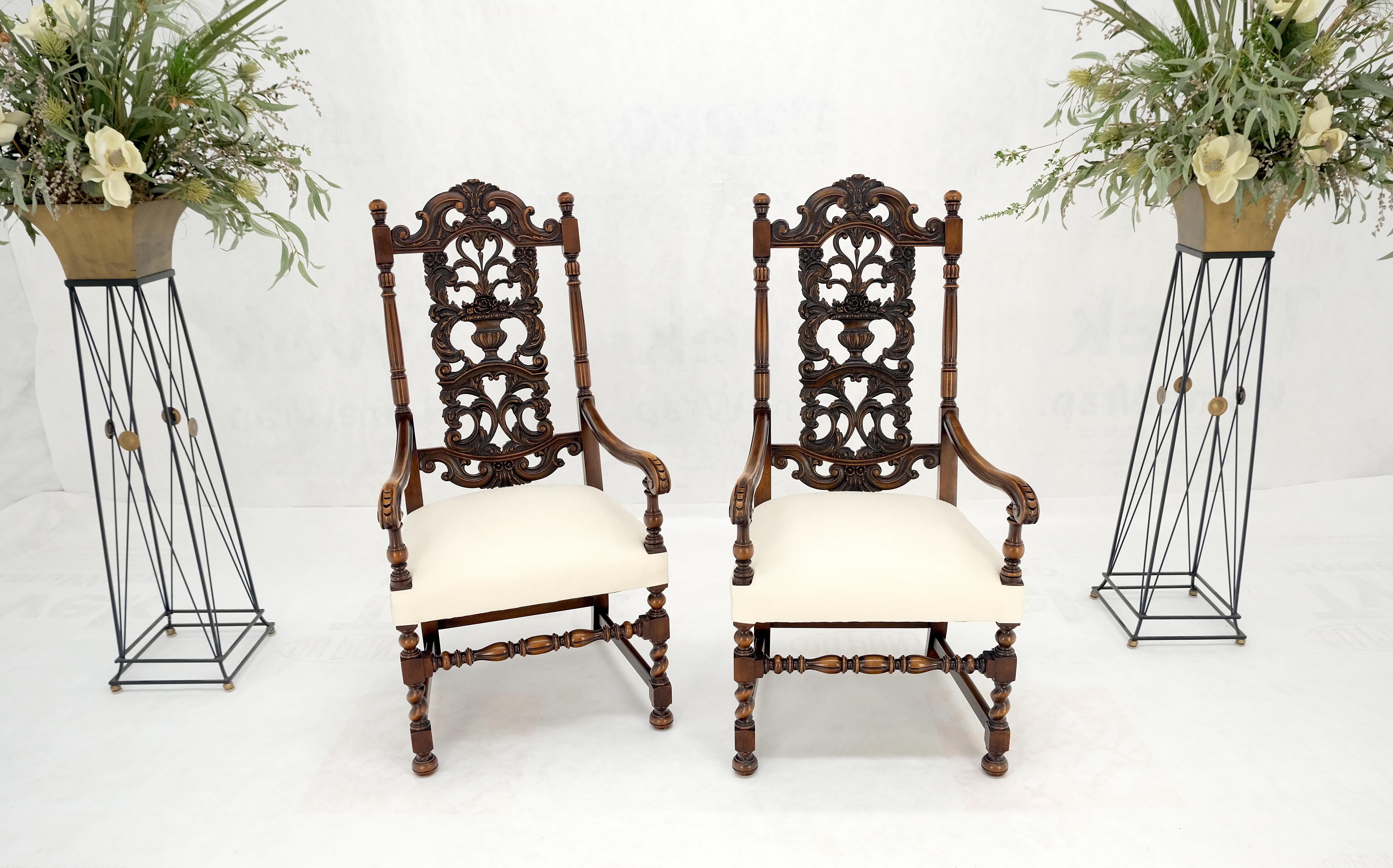 Pair of Carved Walnut Tall Backs New Upholstery Fireside Arm Side Chairs MINT! For Sale 3