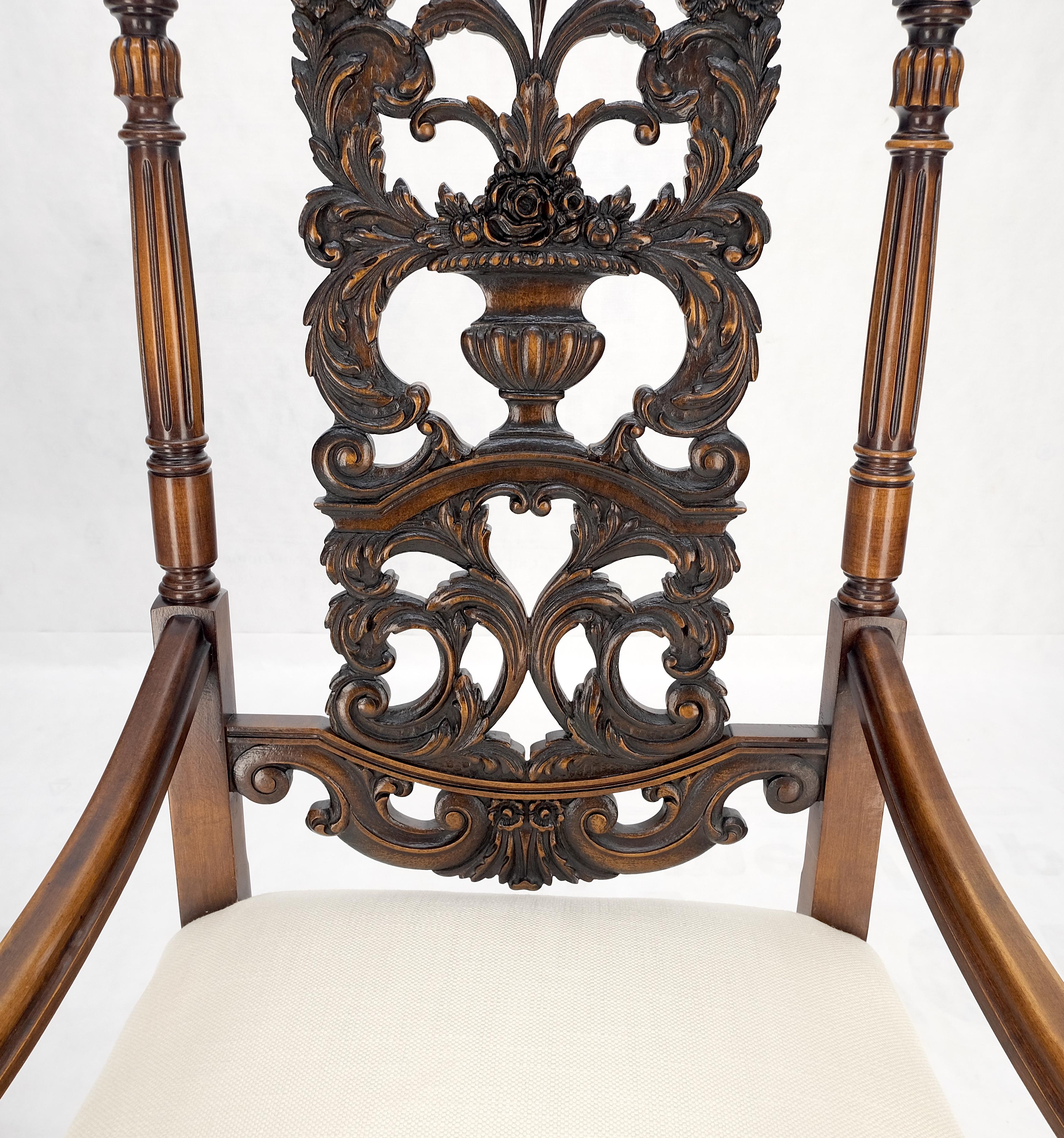 Pair of Carved Walnut Tall Backs New Upholstery Fireside Arm Side Chairs MINT! For Sale 4