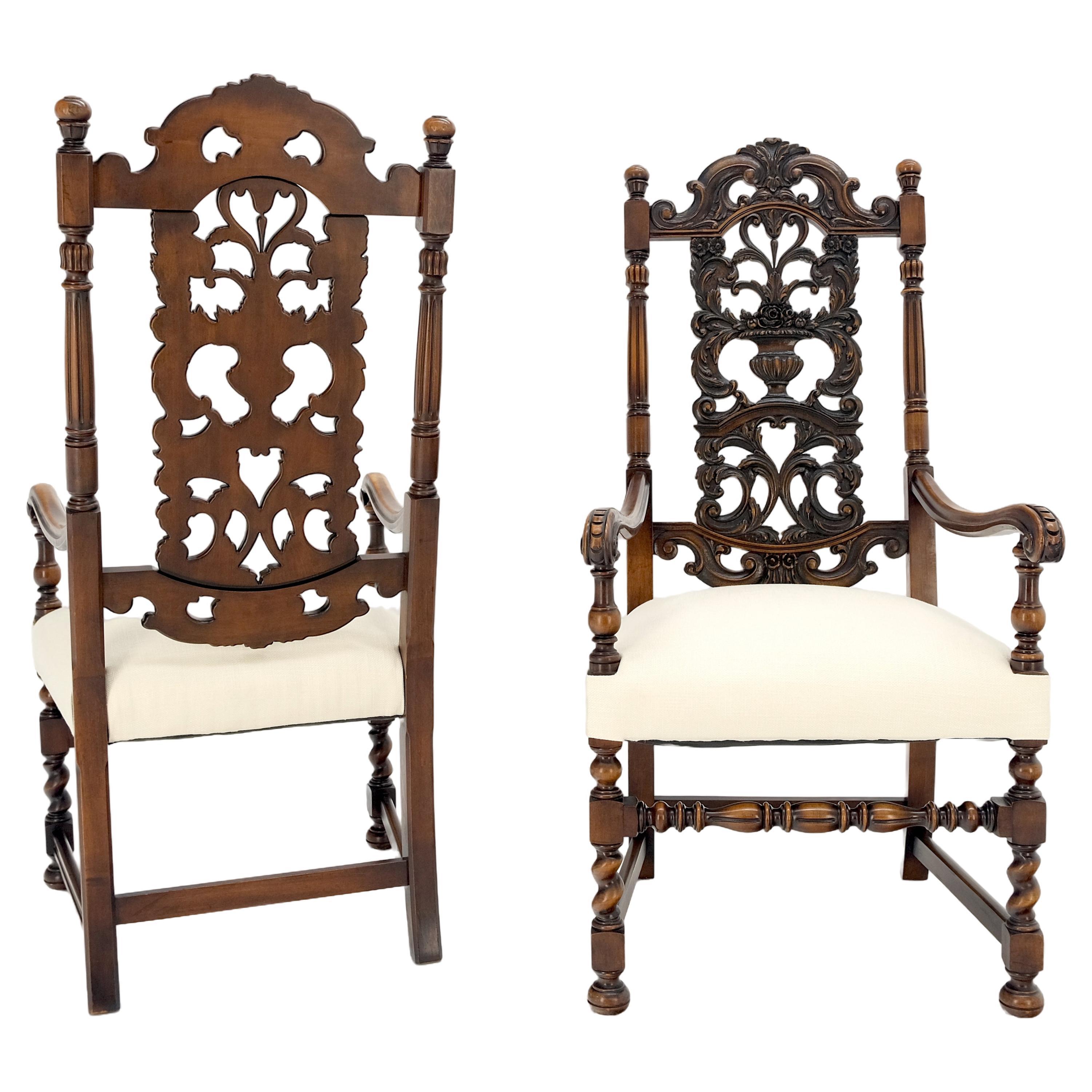 Pair of Carved Walnut Tall Backs New Upholstery Fireside Arm Side Chairs MINT! For Sale