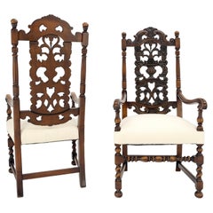 Vintage Pair of Carved Walnut Tall Backs New Upholstery Fireside Arm Side Chairs MINT!