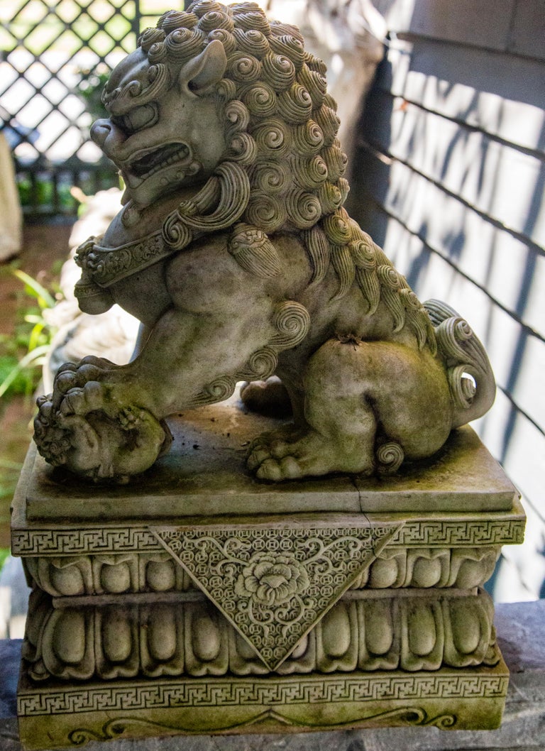 Pair of Carved White Marble Foo Dogs at 1stDibs