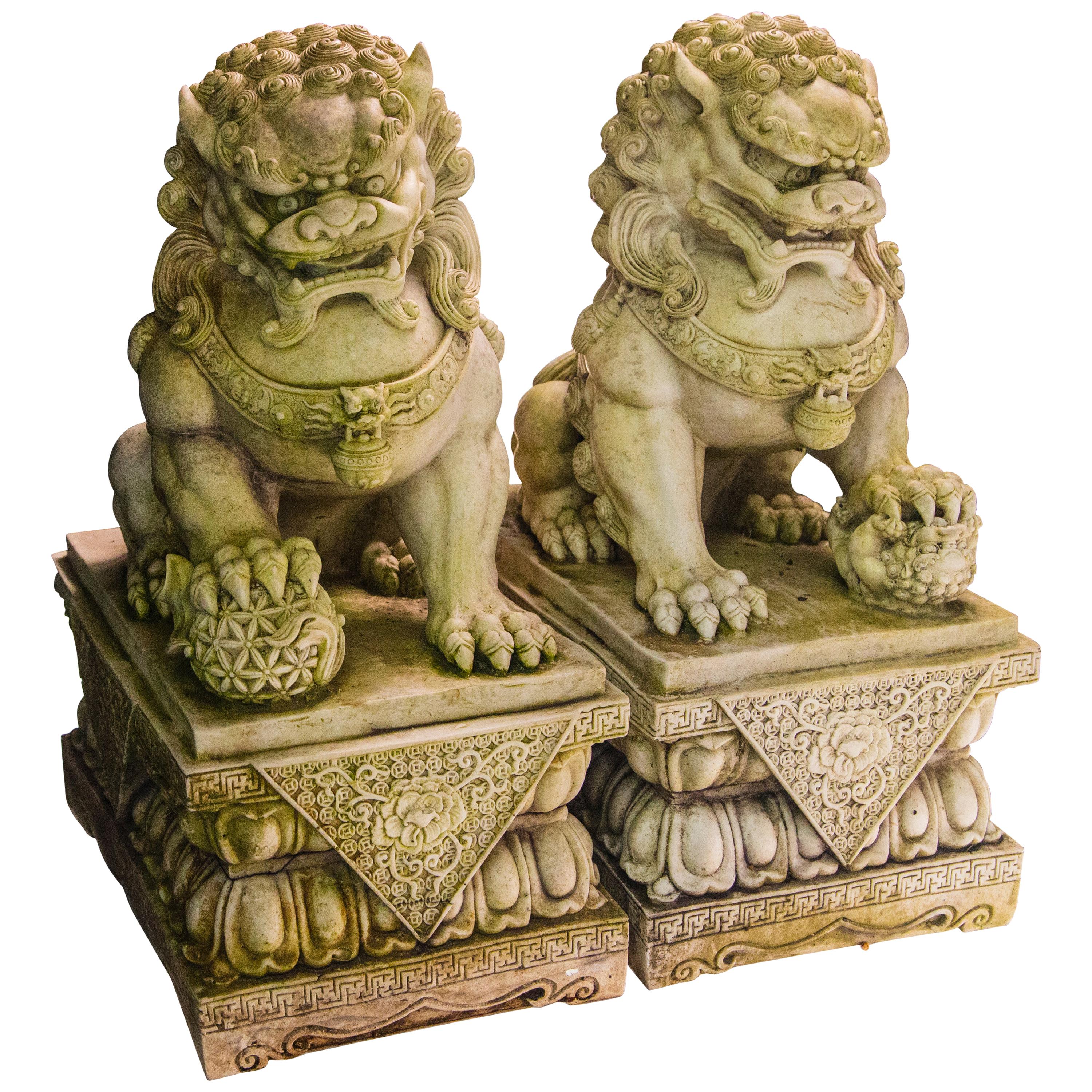 Pair of Carved White Marble Foo Dogs