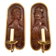 Antique Pair of Carved Wood and Brass Sconces
