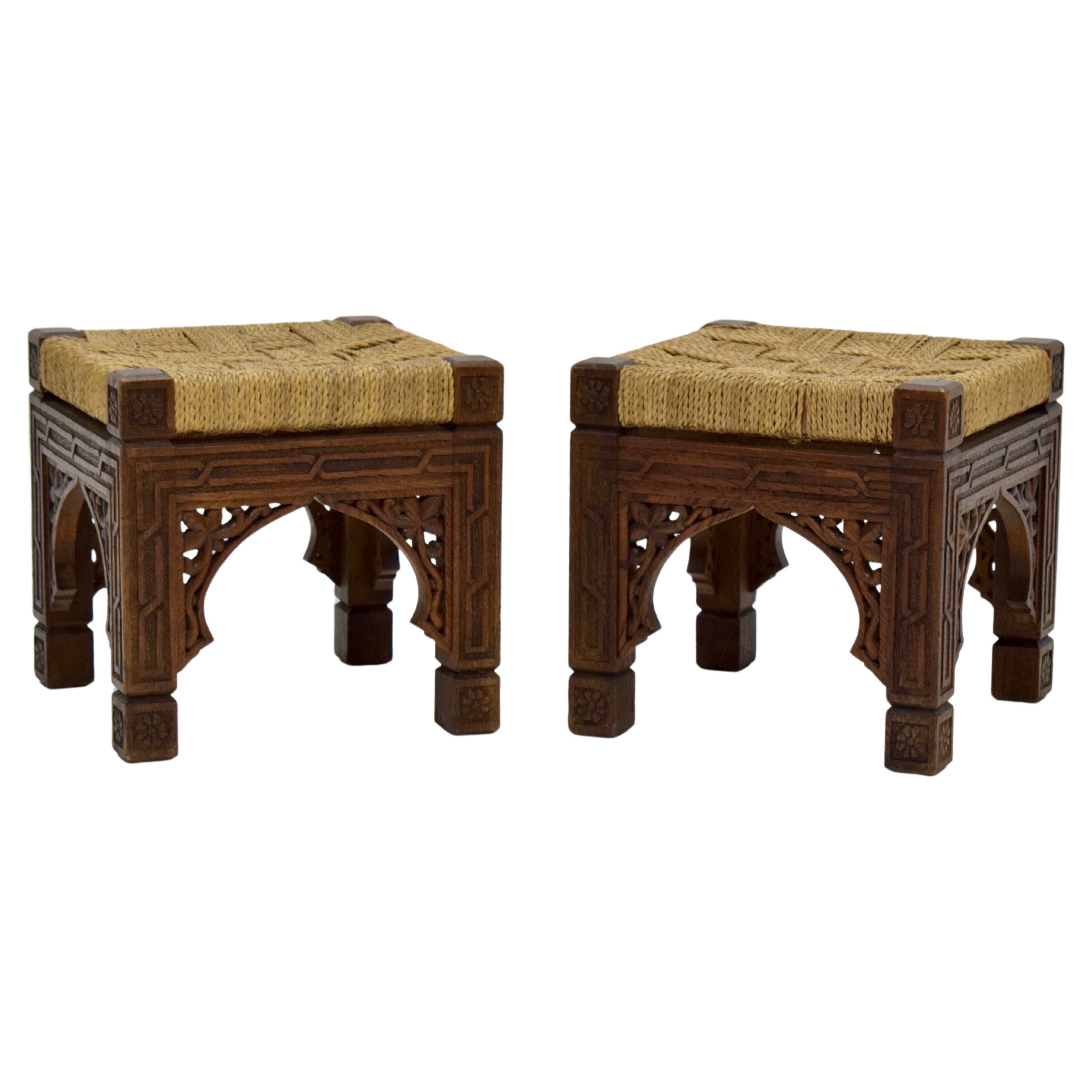 Pair of Carved Wood and Danish Cord Stools For Sale