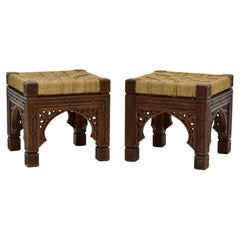 Pair of Carved Wood and Danish Cord Stools