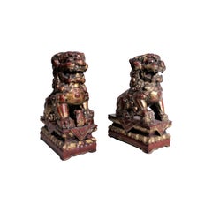 Vintage Pair of Carved Wood and Gilt Finished Chinese Foo Dog Figurines or Sculptures