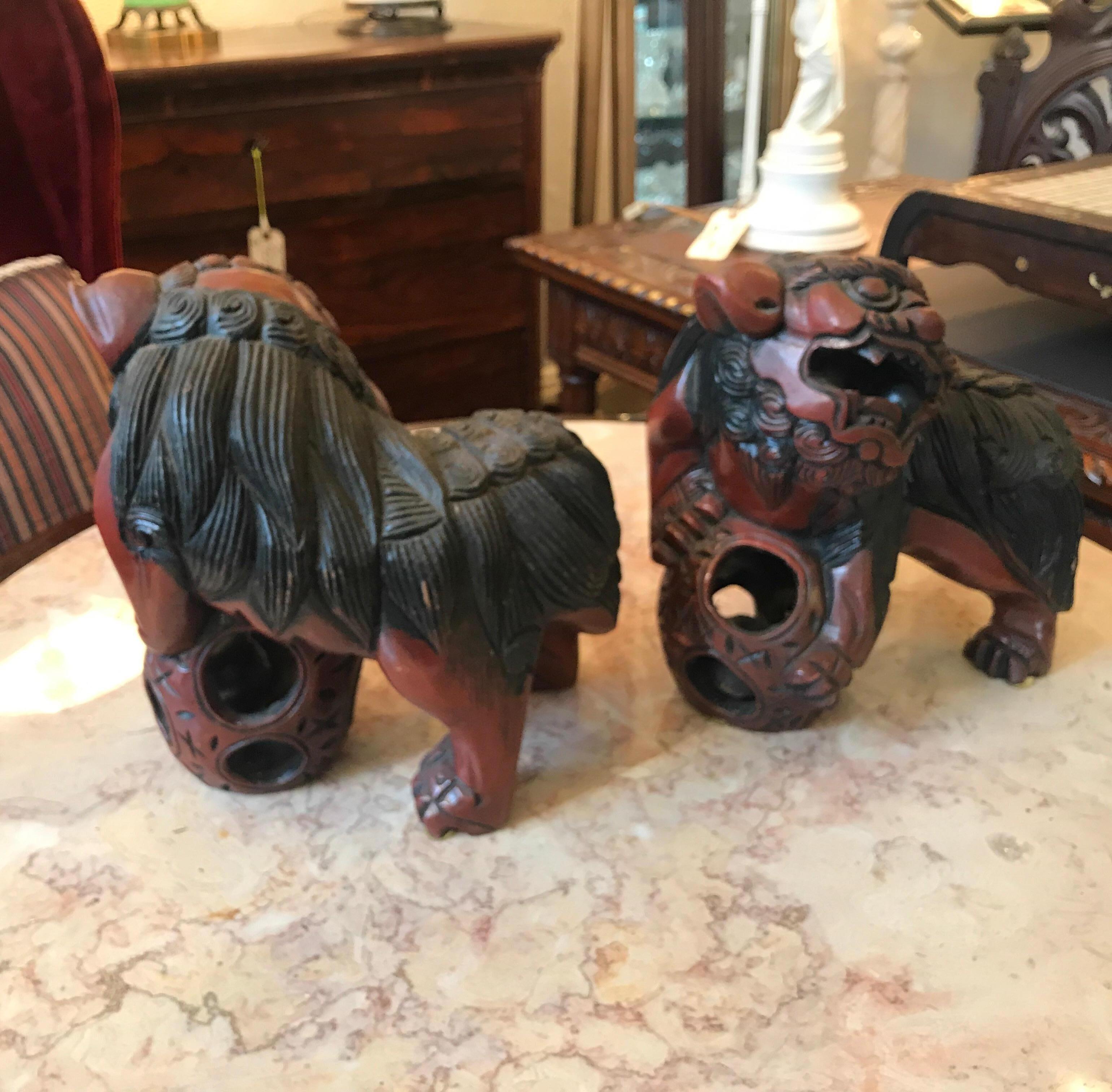 Pair of Carved Wood and Lacquered Foo Dogs In Good Condition In Lambertville, NJ