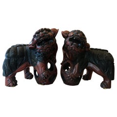 Pair of Carved Wood and Lacquered Foo Dogs