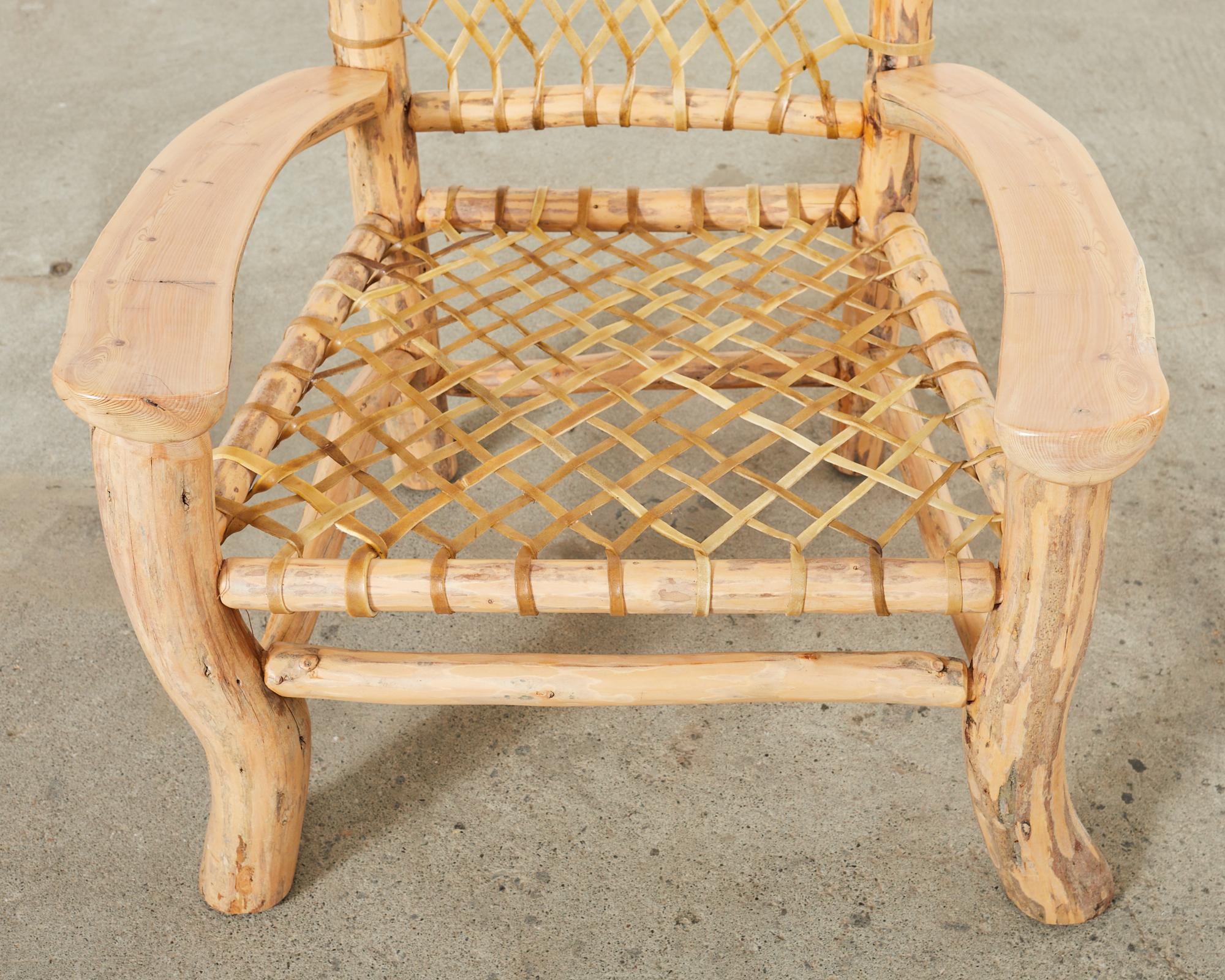 Pair of Carved Wood and Rawhide High Back Adirondack Chairs  4