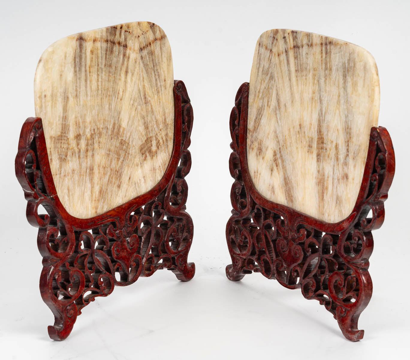 19th Century Pair of Carved Wood and Transparent Marble Light Covers, Art of Asia. For Sale