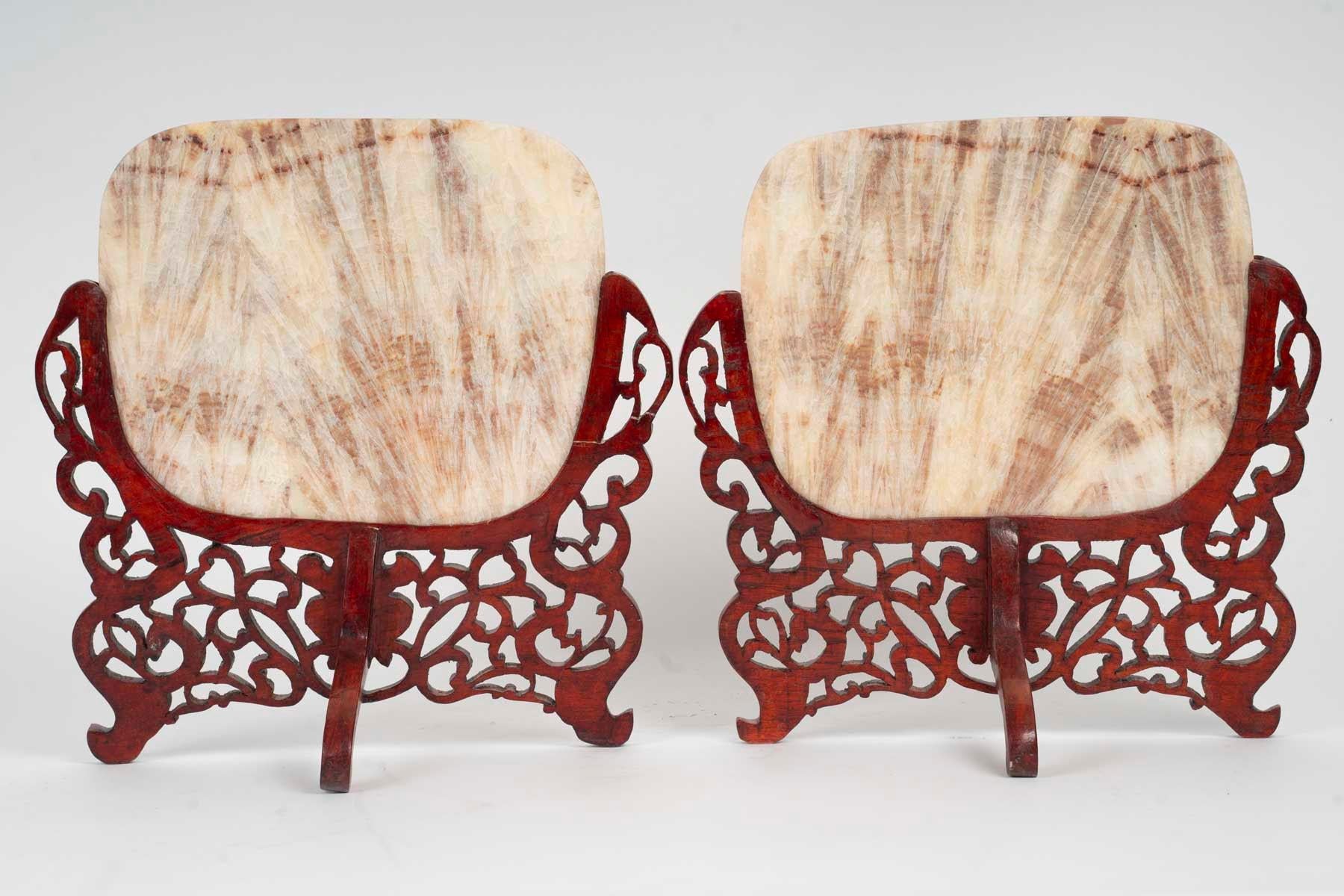 Pair of Carved Wood and Transparent Marble Light Covers, Art of Asia. For Sale 1