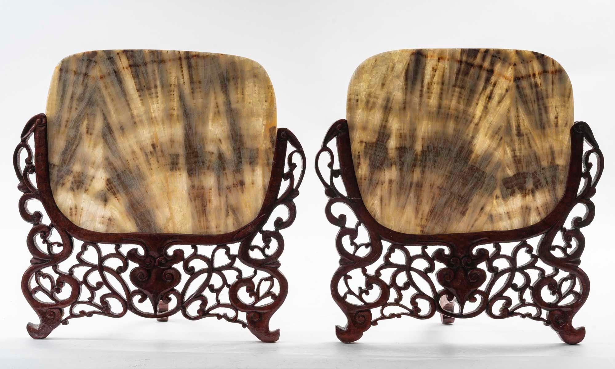 Pair of Carved Wood and Transparent Marble Light Covers, Art of Asia. For Sale 3