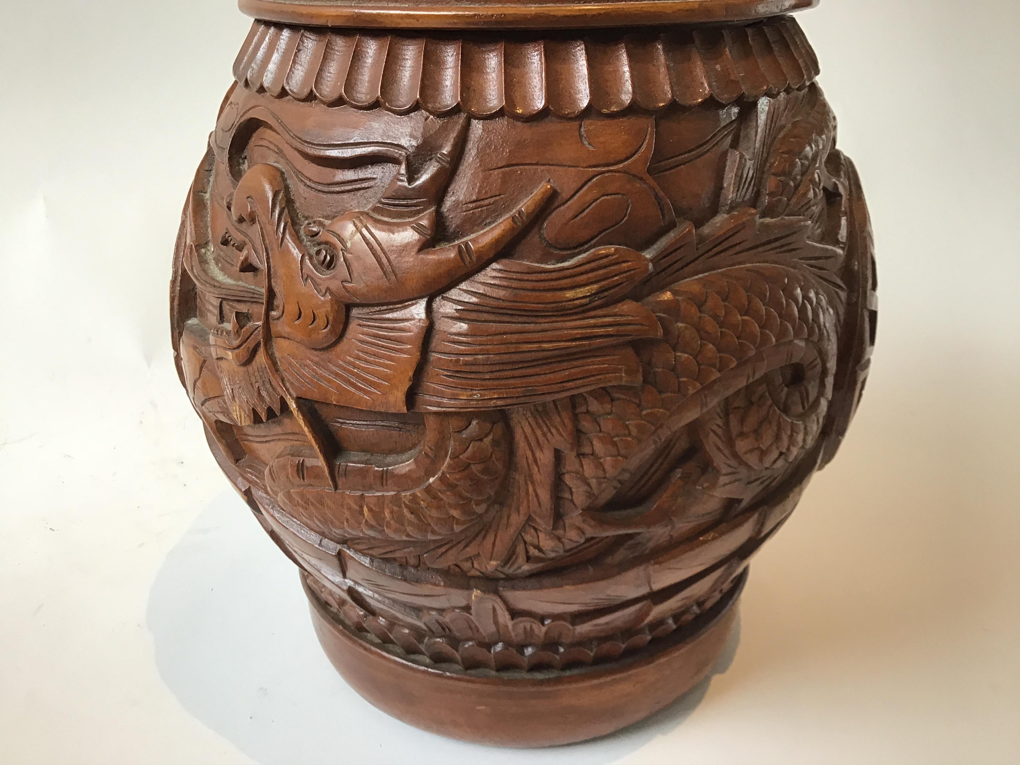Pair of Carved Wood Asian Dragon Covered Jars For Sale 5