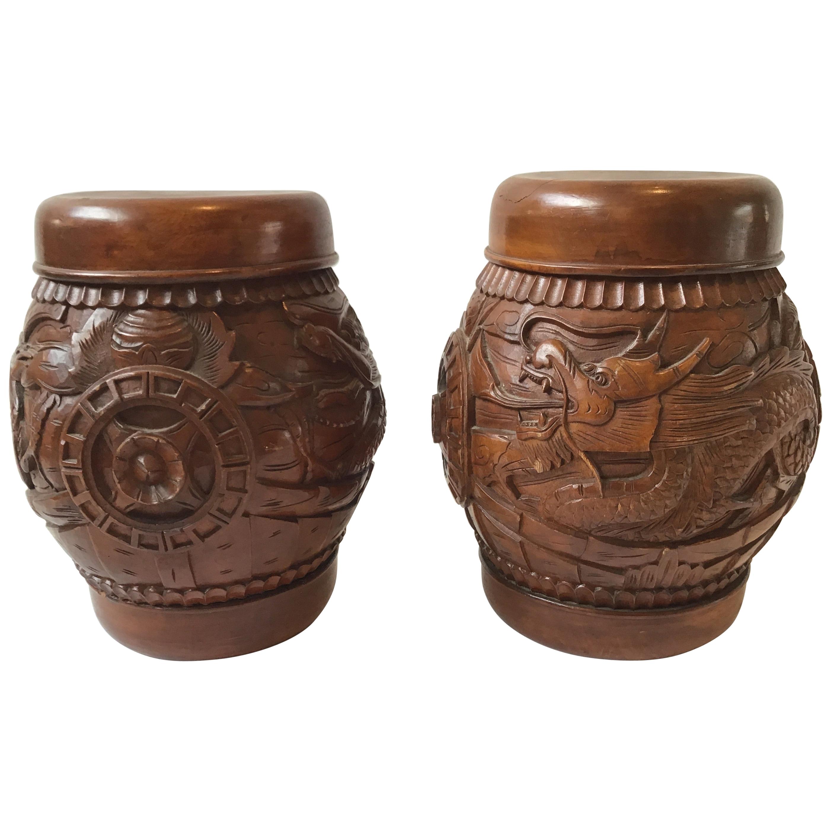 Pair of Carved Wood Asian Dragon Covered Jars For Sale