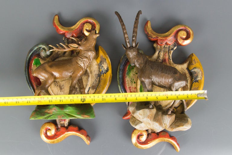 Pair of Carved Wood Baroque Style Wall Decors with Deer and Ibex Figures For Sale 11