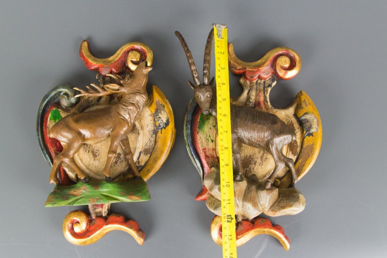 Pair of Carved Wood Baroque Style Wall Decors with Deer and Ibex Figures For Sale 12