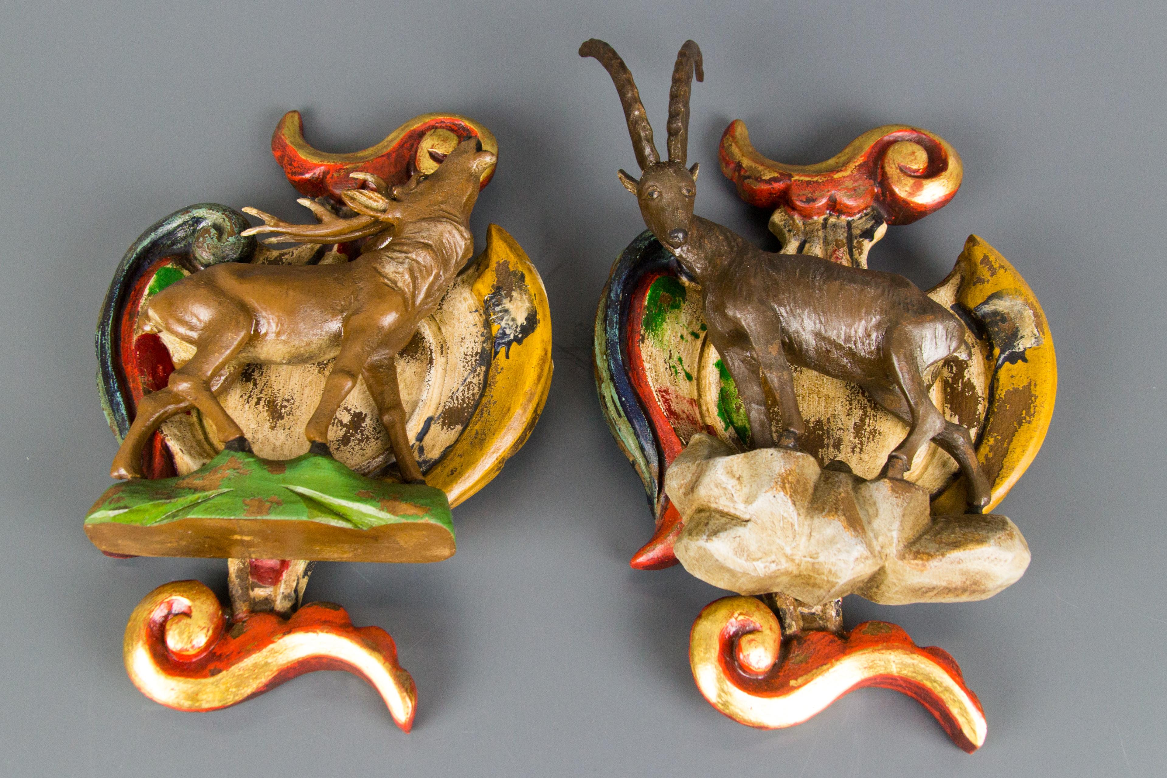 Pair of Carved Wood Baroque Style Wall Decors with Deer and Ibex Figures For Sale 14