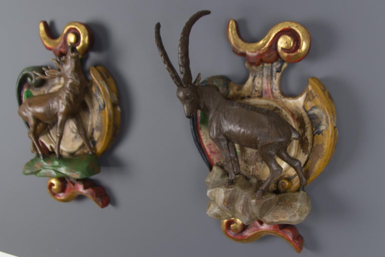 Italian Pair of Carved Wood Baroque Style Wall Decors with Deer and Ibex Figures For Sale