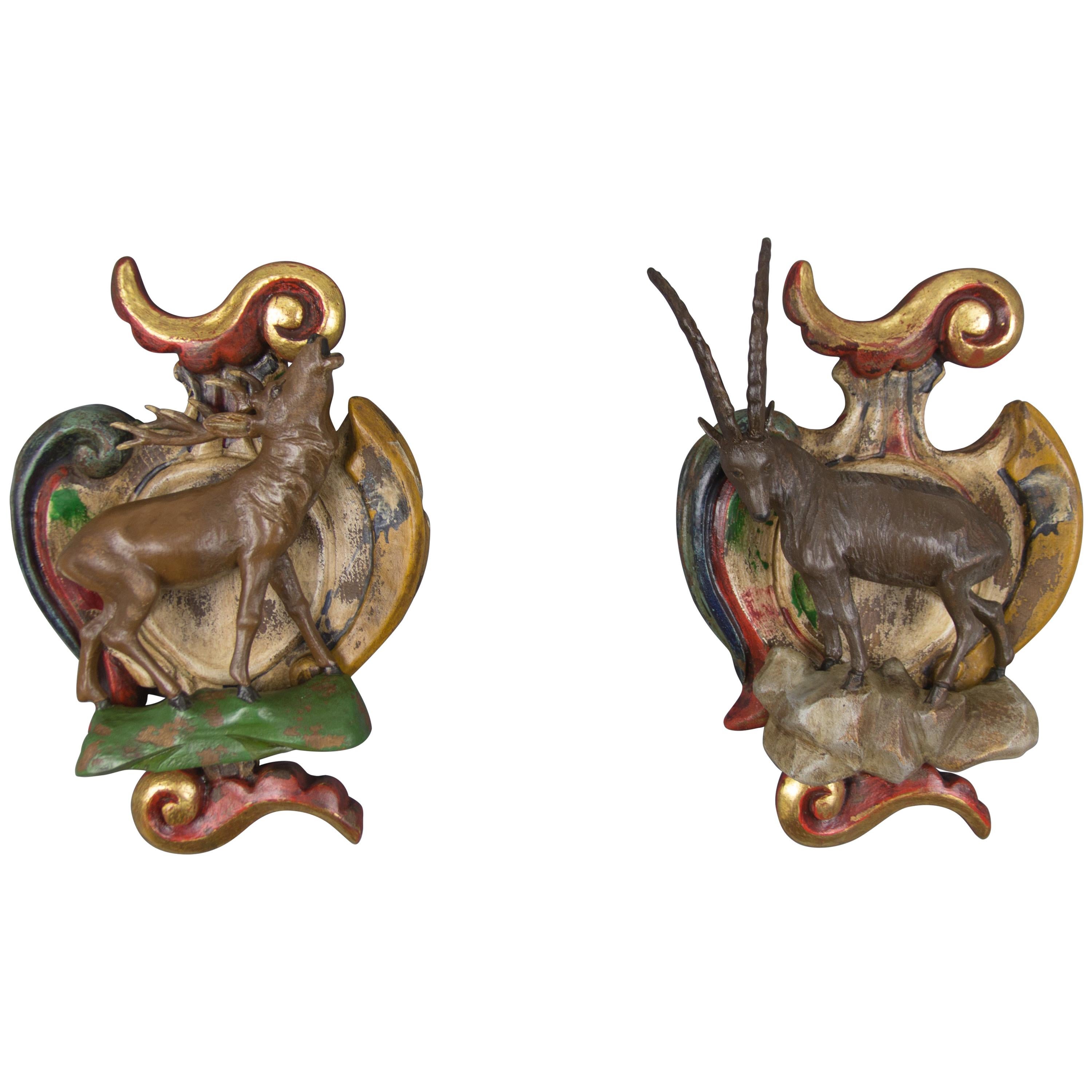 Pair of Carved Wood Baroque Style Wall Decors with Deer and Ibex Figures