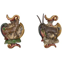 Retro Pair of Carved Wood Baroque Style Wall Decors with Deer and Ibex Figures