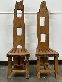 Pair of Carved Wood Brutalist-Style Chairs