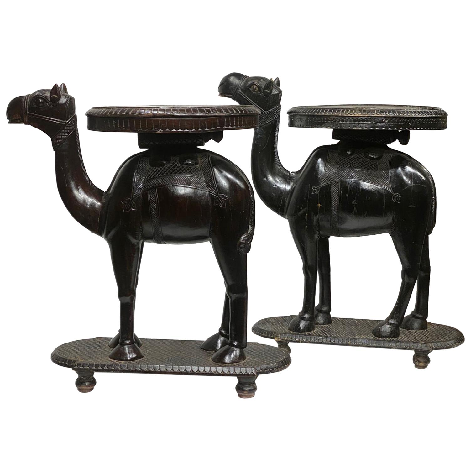 Pair of Carved Wood Camel Form Side Tables