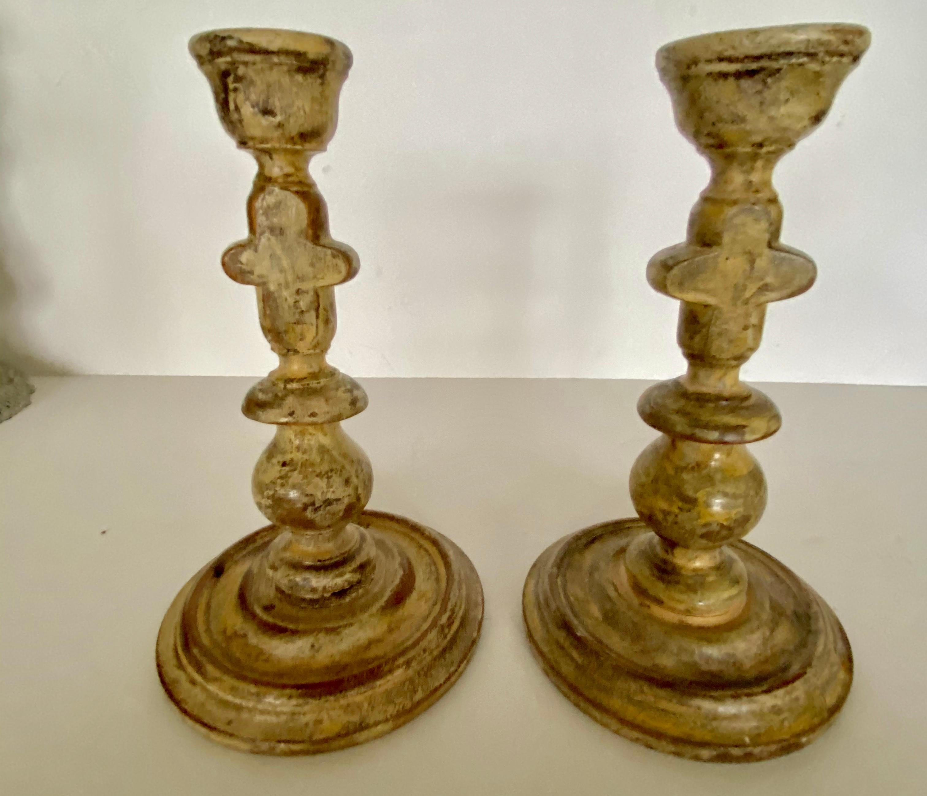 Hand-Crafted Pair of Carved Wood Candle Sticks