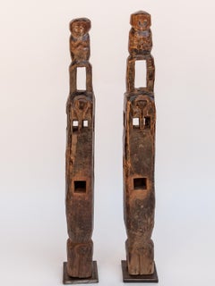 Pair of Carved Wood Chair Legs Elephant & Rider Tharu of Nepal, Mid-20th Century