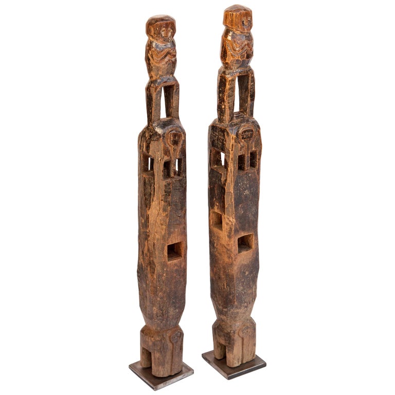 Pair of Carved Wood Chair Legs Elephant and Rider Tharu of Nepal, Mid